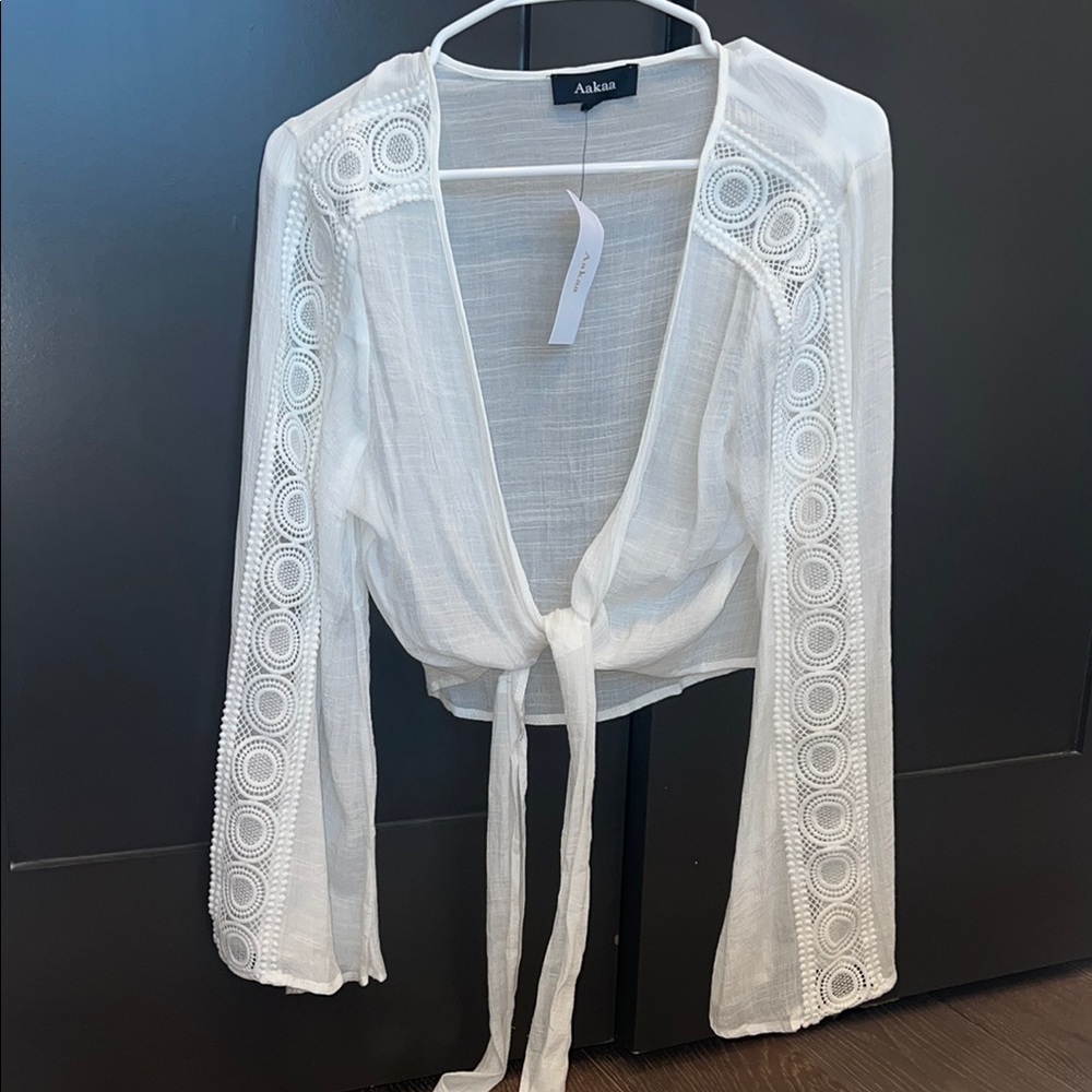 Aakaa White Tie-Front Blouse with Crochet Detail